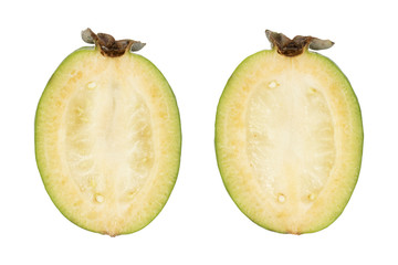 Green feijoa fruits isolated on white background. Scientific name Acca sellowiana. Top view. Healthy and balanced diet eating concept. Fresh fruits concept.