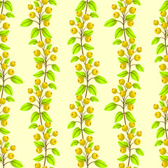Vector seamless pattern with vertical yellow rowanberry twigs;  natural design for fabric, wallpaper, wrapping paper, packaging, textile, web design.