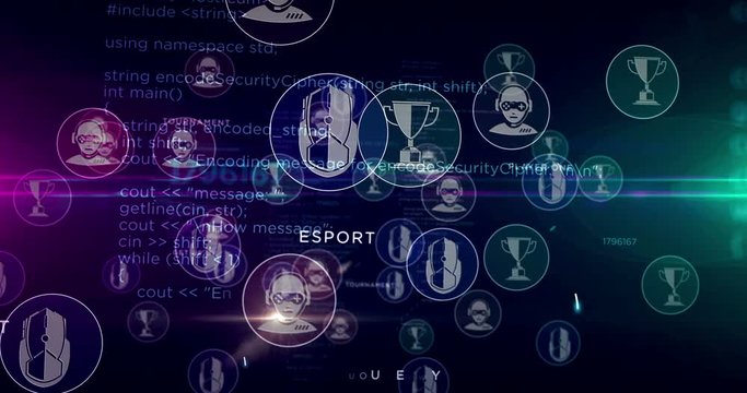 Esport tournament, cyber game, video sport and play awards symbols 3d rendering abstract concept animation. Cyber icons loopable seamless futuristic digital background.