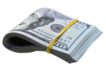 Stack of folded hundred dollar bills isolated on white background.