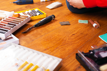 set of tools for restoration of laminate and parquet sealing scratches and chips wax pencils close-up