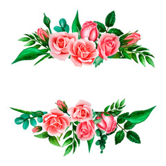 Watercolor vector bouquet with roses, leaves and eucaluptus, wedding frame, banner.