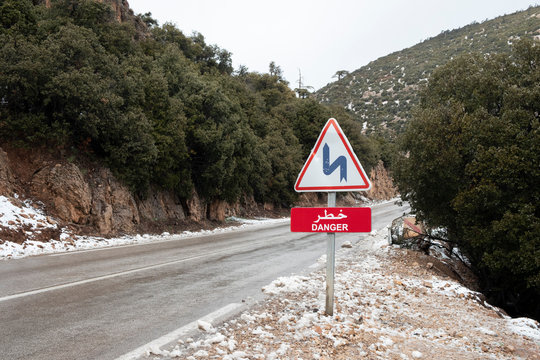 N13, Midelt/ Morocco - january 19 2020: Warning sign on the N13 road from Midelt to Azrou in the Middle Atlas Mountains in Morocco