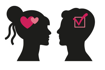 Some men and women logic concept. Mind difference. Two people - two different ways of human thinking. Heart and check mark. Unfair relationship. Work of brain. Vector illustration.
