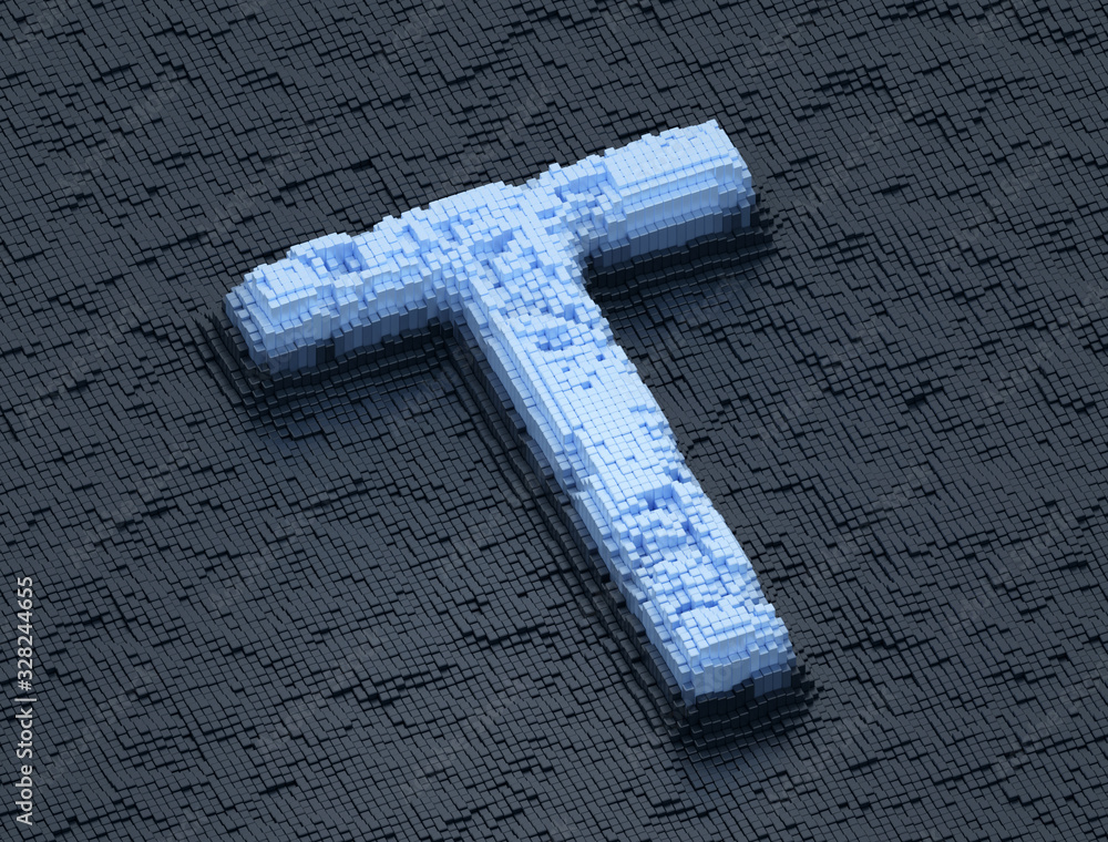 Poster letter t futuristic random building blocks design in orthographic view series, 3d render