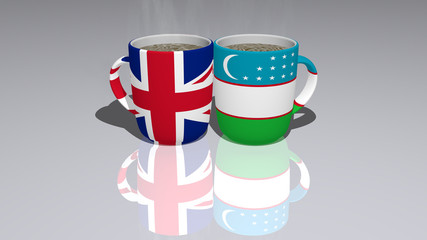 United Kingdom And Uzbekistan placed on a cup of hot coffee mirrored on the floor in a 3D illustration with realistic