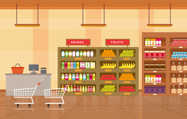 Supermarket Grocery Shelf Store Retail Shop Mall Interior Flat Illustration