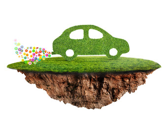 green eco friendly car concept made of grass and flowers 3D illustration