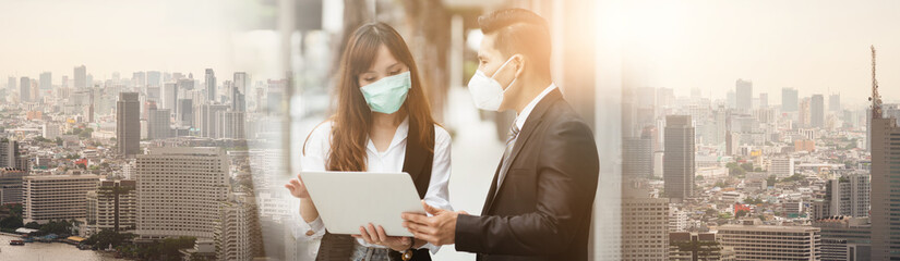 People pay attention to the virus alerts coming from contact. And the respiratory system, business man and women standing, wearing a mask - Powered by Adobe