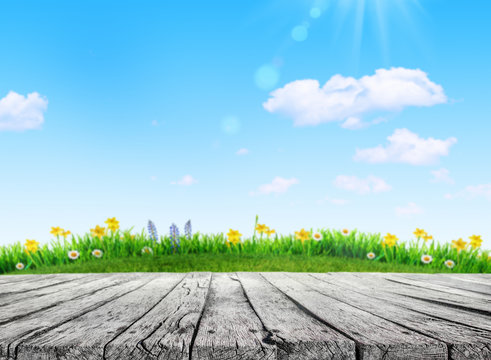 wooden table and grass and spring flowers field blurred background