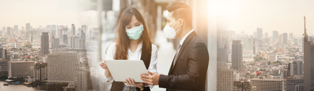 People pay attention to the virus alerts coming from contact. And the respiratory system, business man and women standing, wearing a mask