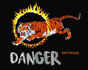 Vector illustration of a tiger jumping through a ring of fire.
