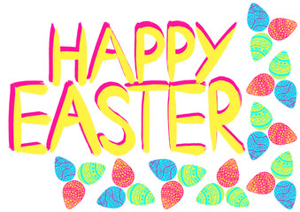 Pink, yellow and blue easter eggs and the inscription Happy Easter in yellow on a white background. Easter background.