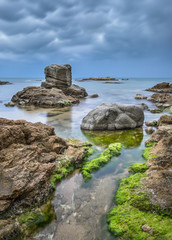 Rocas en el mar con musgo verde y fondo de nubes de tormenta.