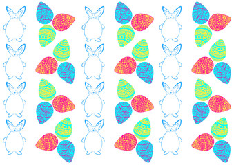 Blue bunnies and multi-colored Easter eggs on a white background. Easter background.
