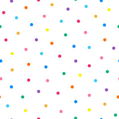 Dotted seamless minimalistic pattern with colorful polygons. Repeatable simple white background - funky vibrant print with hexagons