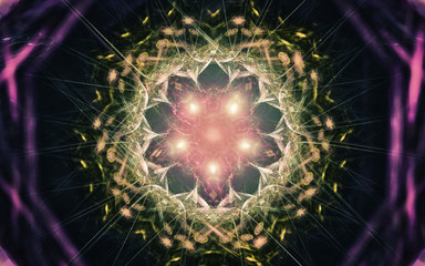 fantastic abstract symmetrical flower with petals consisting of a variety of geometric shapes of different colors on a black background