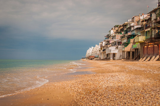 9 October 2019, Kacha, Sevastopol, Russia. Abandoned slums at the seashore. Empty sea beach