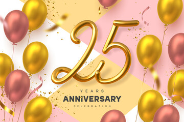 25 years anniversary celebration banner. 3d handwritten golden metallic number 10 and glossy balloons with confetti. Vector realistic template. - obrazy, fototapety, plakaty