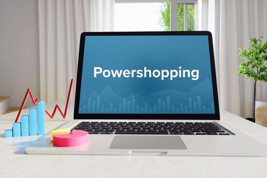 Powershopping &ndash; Business/Statistik. Laptop im B&uuml;ro mit Begriff auf dem Monitor. Finanzen, Wirtschaft, Analyse