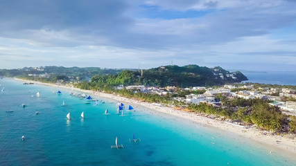 Fototapeta premium Coastal Resort Scenery of Boracay Island, Philippines, a Tourism Destination for Summer Vacation in Southeast Asia, with Tropical Climate and Beautiful Landscape. Aerial View..