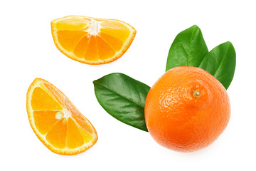 sliced orange with green leaf isolated on white background top view