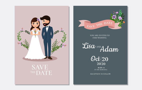  Wedding invitation card the bride and groom cute couple cartoon character.Colorful vector illustration for event celebration 