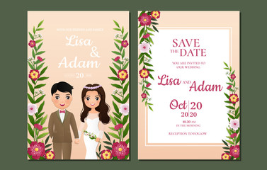  Wedding invitation card the bride and groom cute couple cartoon character.Colorful vector illustration for event celebration 