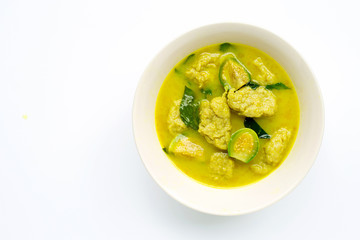 Thai food, Green Curry with fish ball on white background.