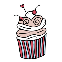 Fairy cake cupcake with butter cream. and cherry isolated. Vector illustration for flyer, postcard, candy party design, home decor, invitation, retaurant menu,