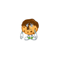 Cartoon character of a chocolate chips with cream having an afraid face