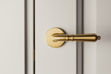 Fototapeta Brushed gold modern design in vintage style door handle on a white door. obraz