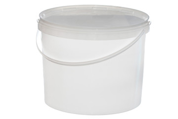White plastic bucket with handle on white background. Isolated
