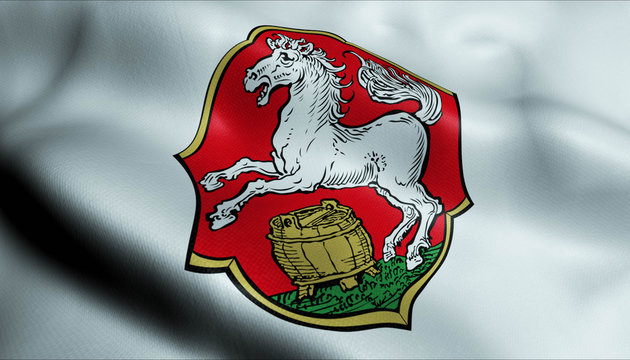 3D Waving Germany City Coat of Arms Flag of Freilassing Closeup View