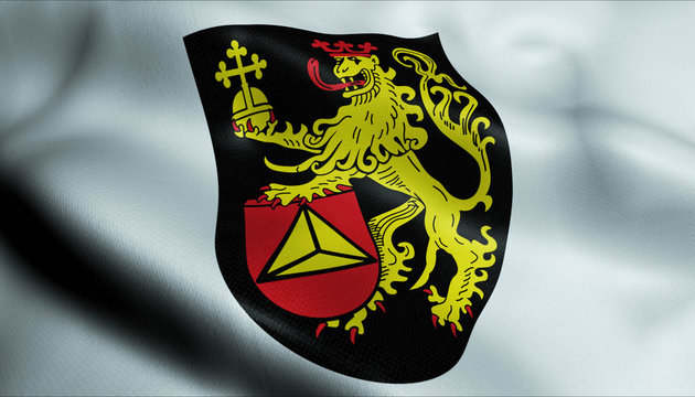 3D Waving Germany City Coat of Arms Flag of Frankenthal Closeup View