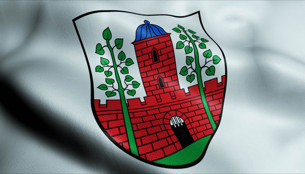 3D Waving Germany City Coat of Arms Flag of Finsterwalde Closeup View
