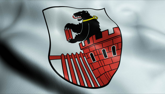 3D Waving Germany City Coat of Arms Flag of Esens Closeup View