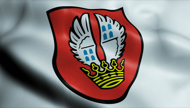 3D Waving Germany City Coat of Arms Flag of Eschborn Closeup View