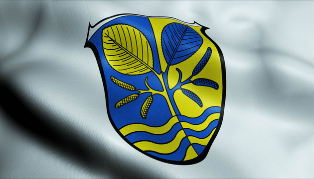 3D Waving Germany City Coat of Arms Flag of Erlensee Closeup View