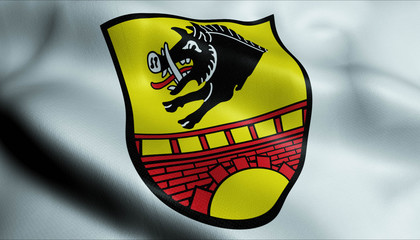 3D Waving Germany City Coat of Arms Flag of Ebern Closeup View