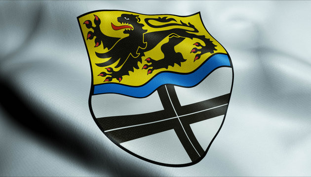 3D Waving Germany City Coat of Arms Flag of Dormagen Closeup View