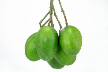 raw green mangoes on white background