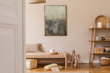 Interior design of oriental style living room with modern chaise longue, pillows, plaid, rattan...
