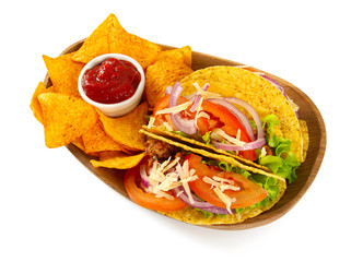 plate with tacos and nachos isolated on white