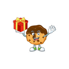 cartoon character of chocolate chips with cream with a box of gift