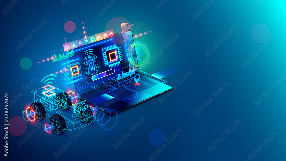 Leinwandbilder Arduino DIY robot connection with laptop. Programming of microcontroller of electronic toy moving platform with AI. Education teens to engineering construction, coding microchips. Learning of kids
