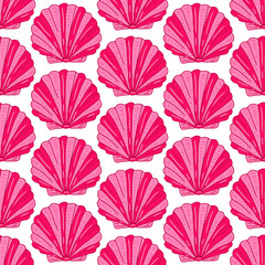 Bivalve clam. Saltwater scallop seashell, clam, conch. Vector seamless pattern on white background. Illustration for summer scrapbooking, Ocean Gift Wrap, Kids Fashion Prints, Beach Apparel. 