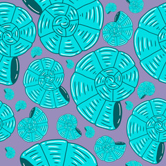 Blue spiral sea shell. Underwater clam. Vector seamless pattern. Design for postcard, banner, card. Cartoon style.