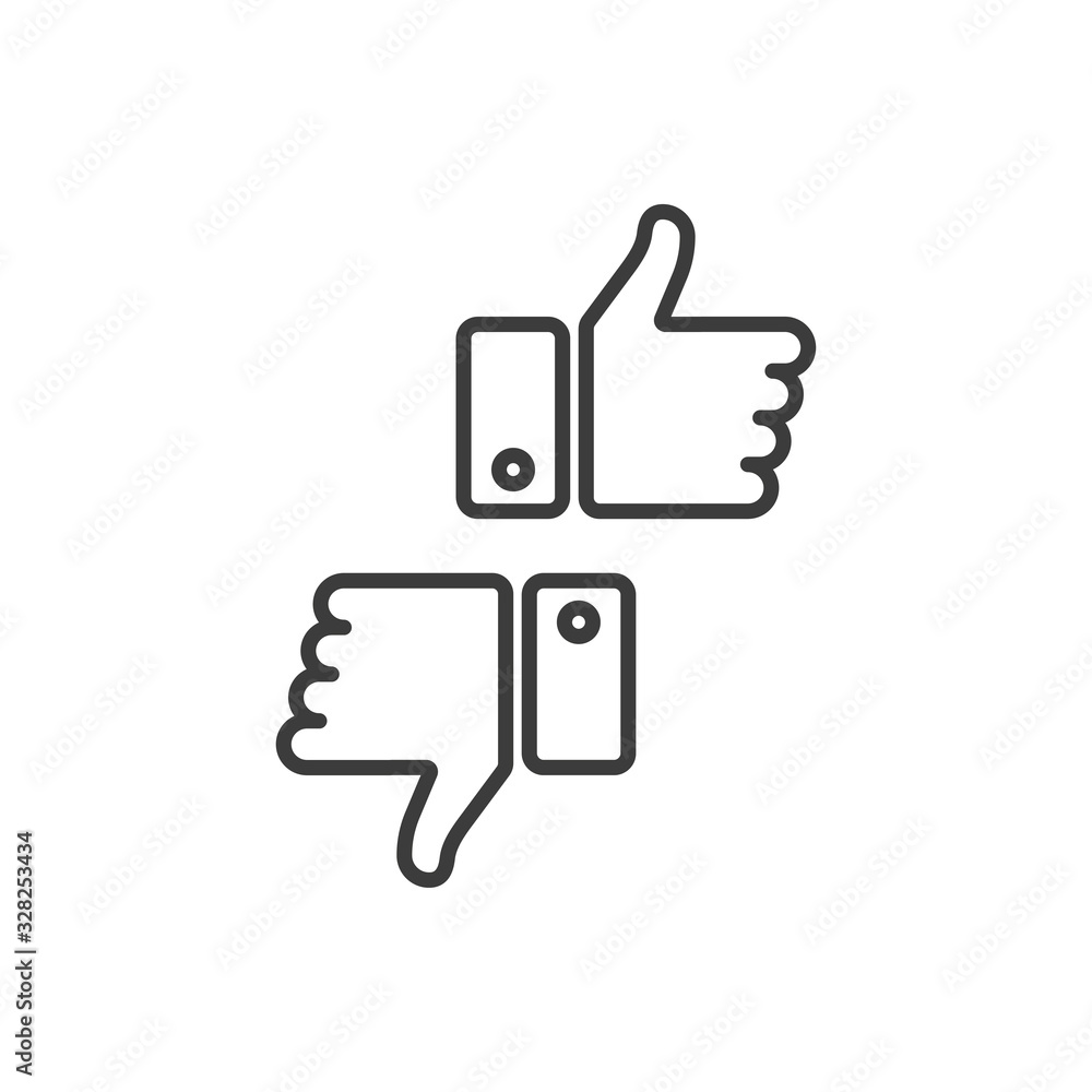 Poster two linear like icons on white background. two objects. thumbs up and thumbs down. vector