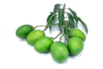 group of raw green mangoes with mango leaves